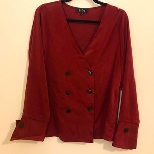 Lulus red silk black button blouse